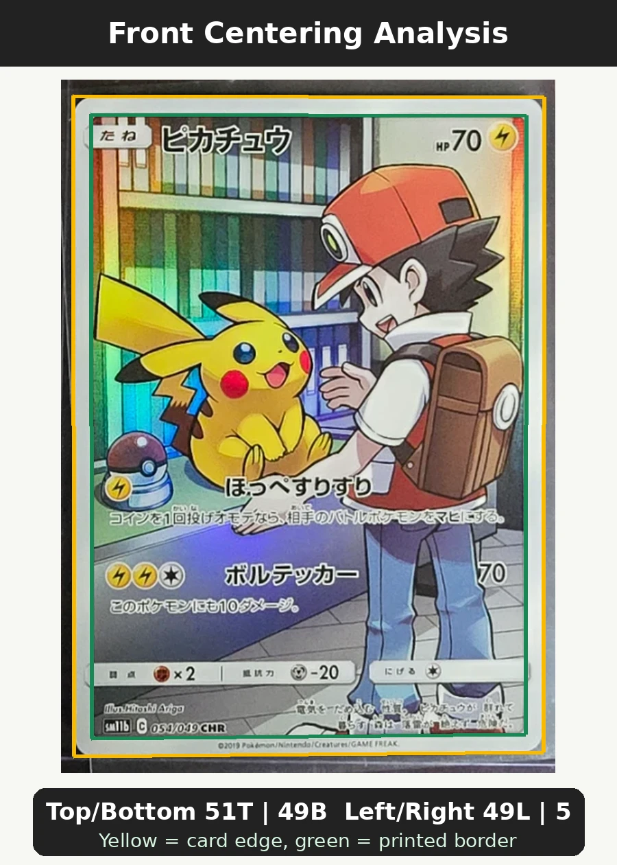 Pikachu 054/49 Dream League front centering analysis showing Top/Bottom 51T | 49B and Left/Right 49L | 51R.