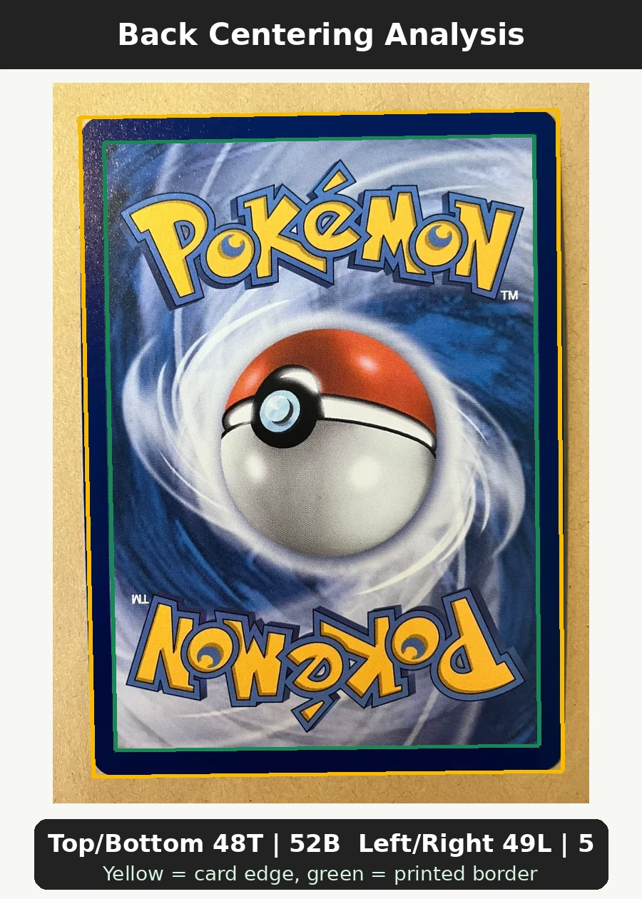 Bulbasaur 037 MEP Black Star Promos back centering analysis showing Top/Bottom 48T | 52B and Left/Right 49L | 51R.