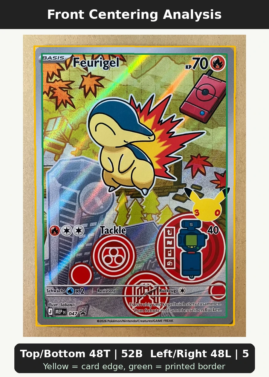 Bulbasaur 037 MEP Black Star Promos front centering analysis showing Top/Bottom 48T | 52B and Left/Right 48L | 52R.