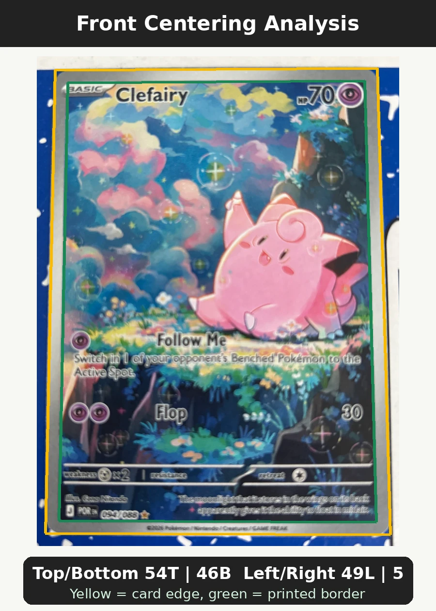 Clefairy 094/88 Perfect Order front centering analysis showing Top/Bottom 54T | 46B and Left/Right 49L | 51R.