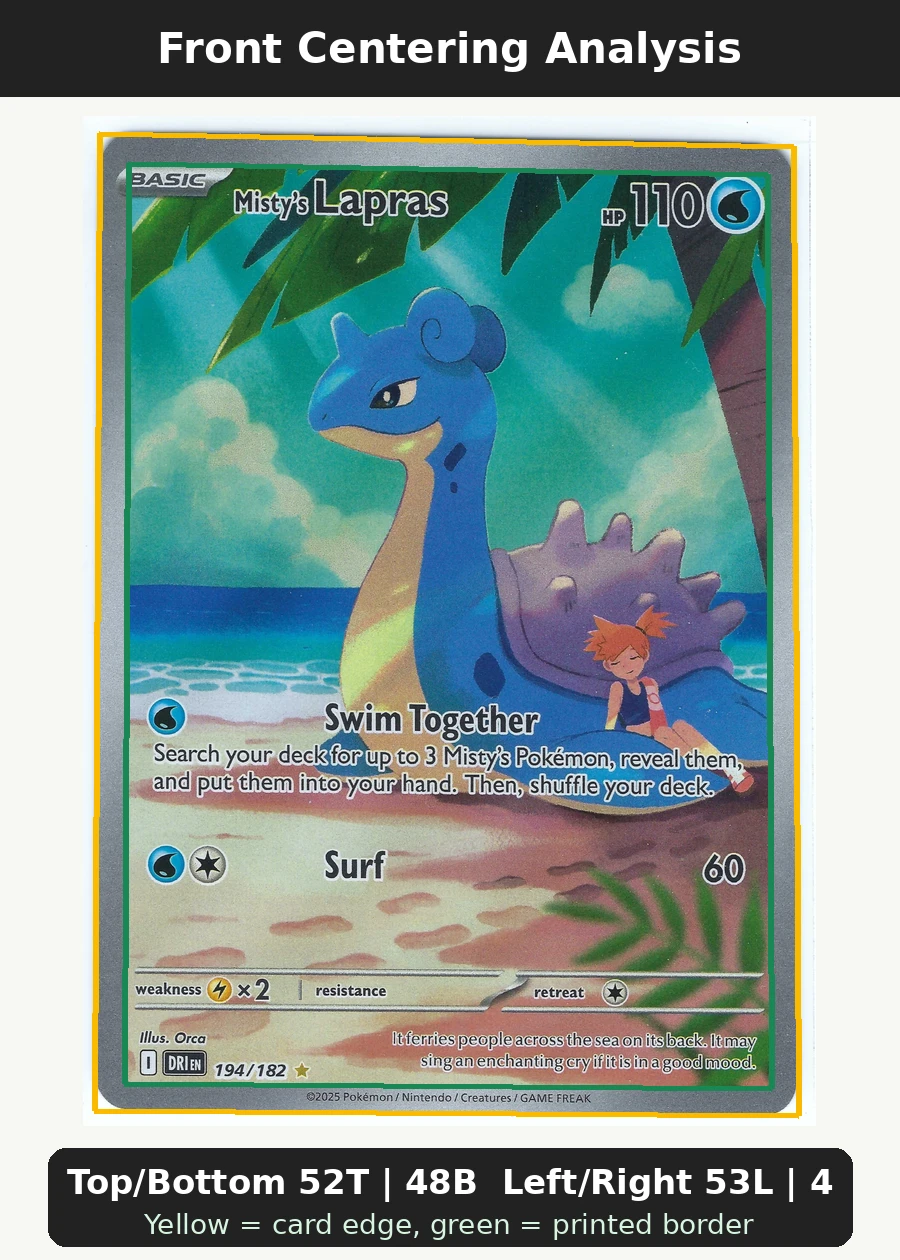 Misty's Lapras 194/182 Destined Rivals front centering analysis showing Top/Bottom 52T | 48B and Left/Right 53L | 47R.