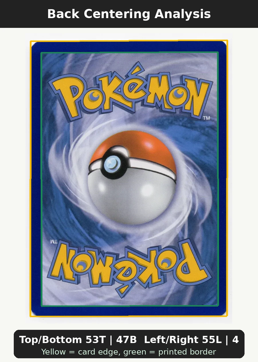 Celebi XY111/211 XY Black Star Promos back centering analysis showing Top/Bottom 53T | 47B and Left/Right 55L | 45R.