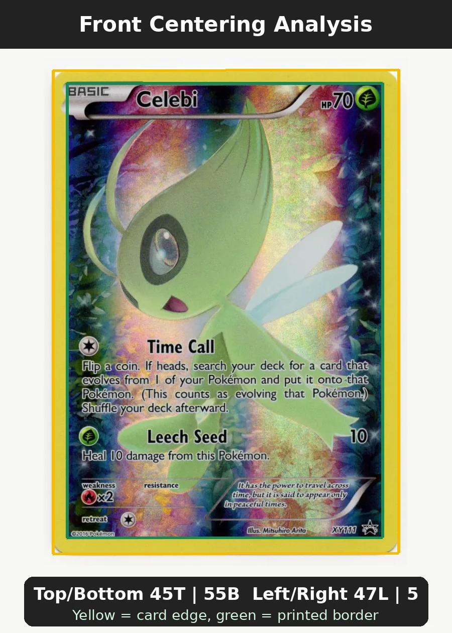 Celebi XY111/211 XY Black Star Promos front centering analysis showing Top/Bottom 45T | 55B and Left/Right 47L | 53R.
