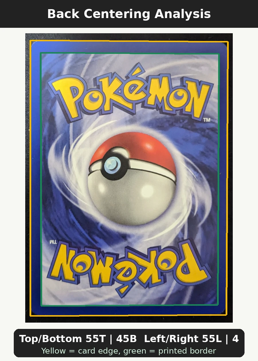 Dragonite 005/53 Wizards Black Star Promos back centering analysis showing Top/Bottom 55T | 45B and Left/Right 55L | 45R.