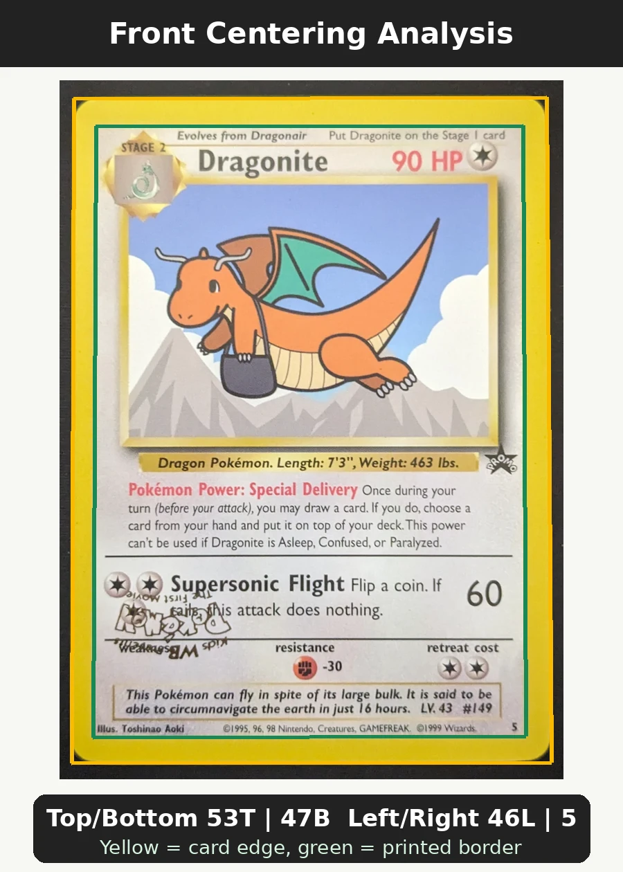 Dragonite 005/53 Wizards Black Star Promos front centering analysis showing Top/Bottom 53T | 47B and Left/Right 46L | 54R.