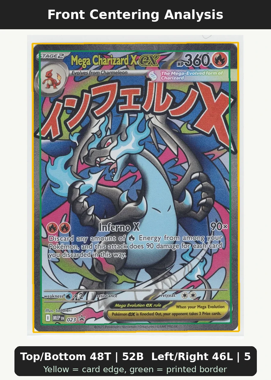 Mega Charizard X ex 013/94 Phantasmal Flames front centering analysis showing Top/Bottom 48T | 52B and Left/Right 46L | 54R.