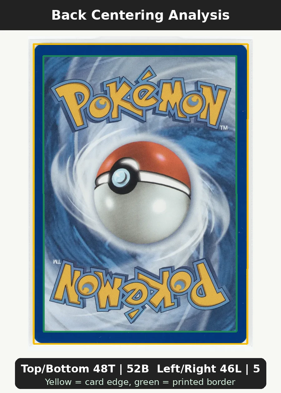 Meowth 106/94 Phantasmal Flames back centering analysis showing Top/Bottom 48T | 52B and Left/Right 46L | 54R.