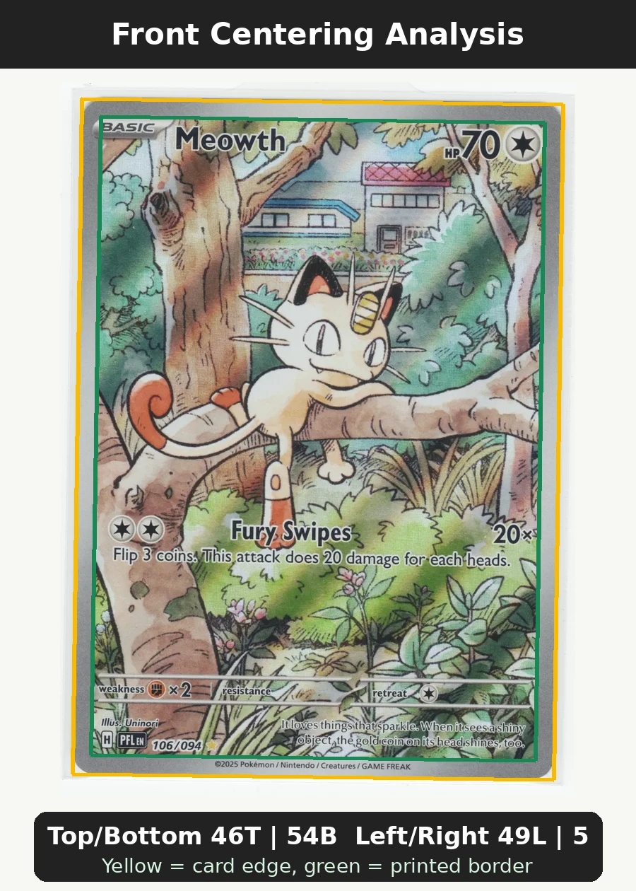 Meowth 106/94 Phantasmal Flames front centering analysis showing Top/Bottom 46T | 54B and Left/Right 49L | 51R.