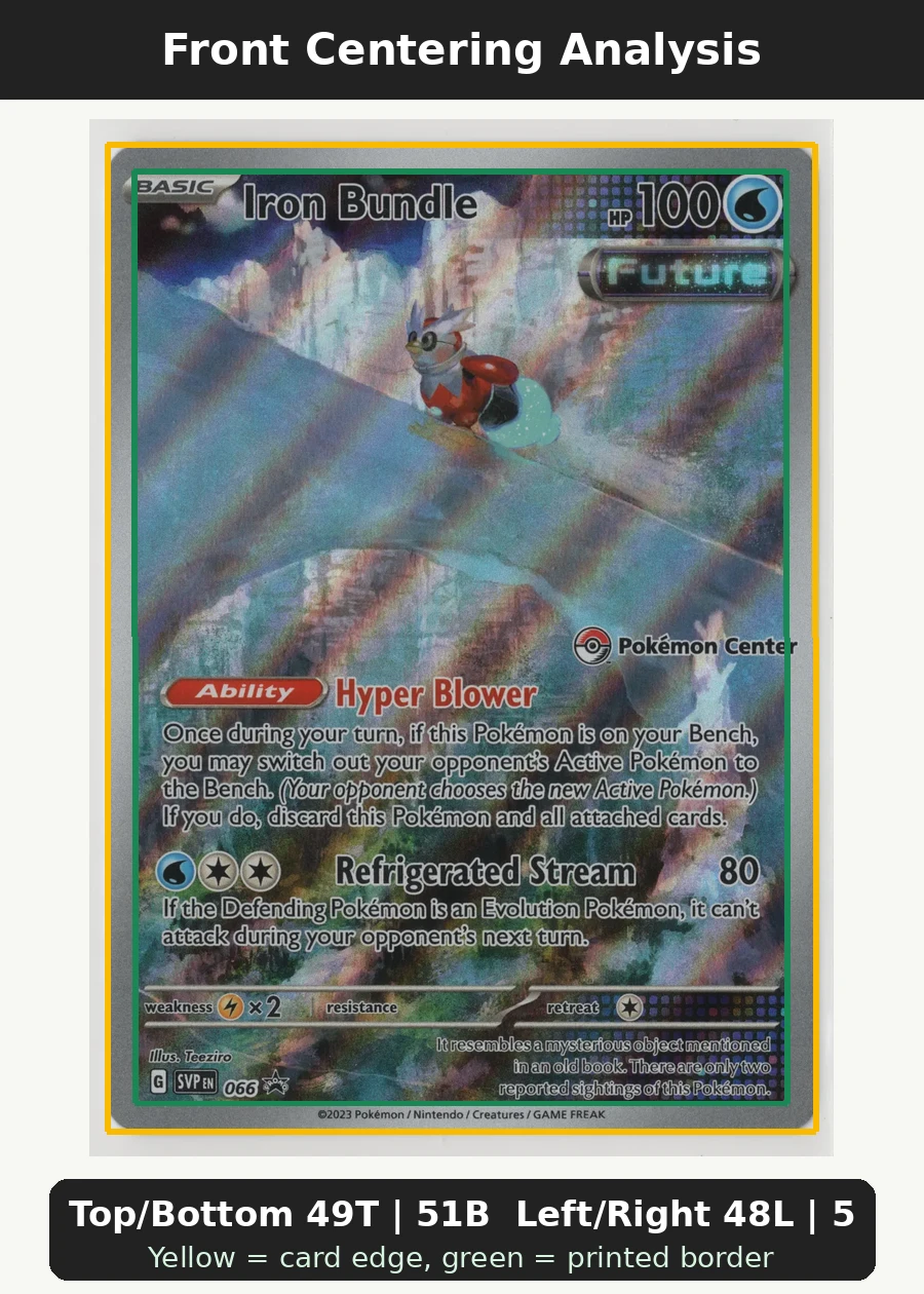 Iron Bundle 066/225 (Pokemon Center Stamp) SVP Black Star Promos front centering analysis showing Top/Bottom 49T | 51B and Left/Right 48L | 52R.