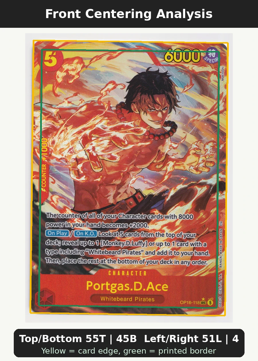 Portgas.D.Ace (OP16-118) OP16-118 The Time of Battle front centering analysis showing Top/Bottom 55T | 45B and Left/Right 51L | 49R.