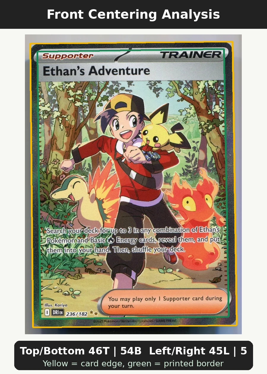 Ethan's Adventure 236/182 Destined Rivals front centering analysis showing Top/Bottom 46T | 54B and Left/Right 45L | 55R.