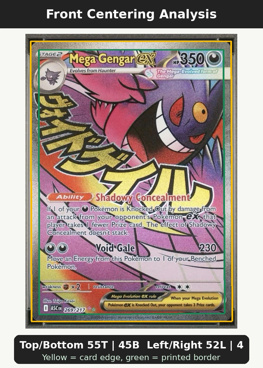 Mega Gengar ex 269/217 Ascended Heroes front centering analysis showing Top/Bottom 55T | 45B and Left/Right 52L | 48R.