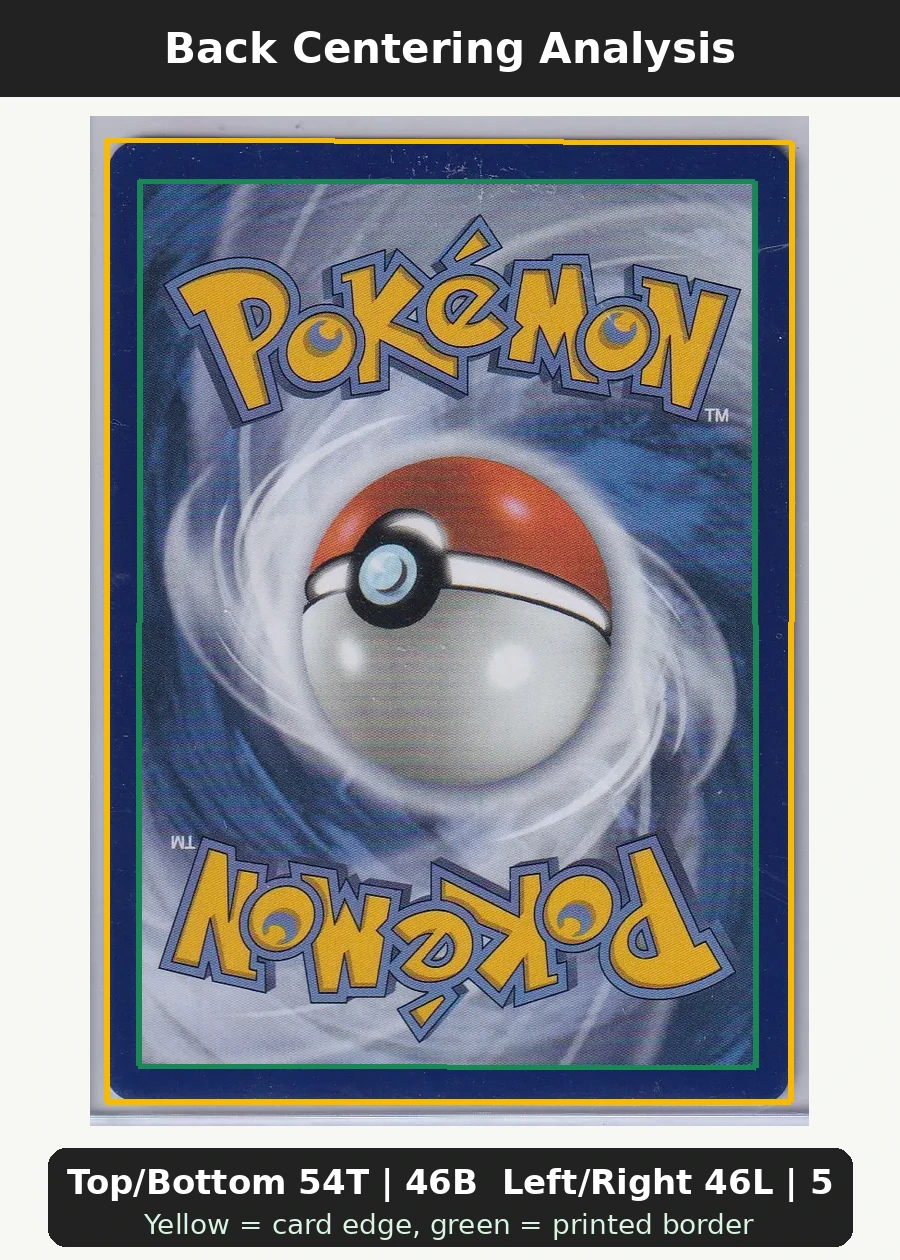 N's Zoroark ex 286/217 Ascended Heroes back centering analysis showing Top/Bottom 54T | 46B and Left/Right 46L | 54R.