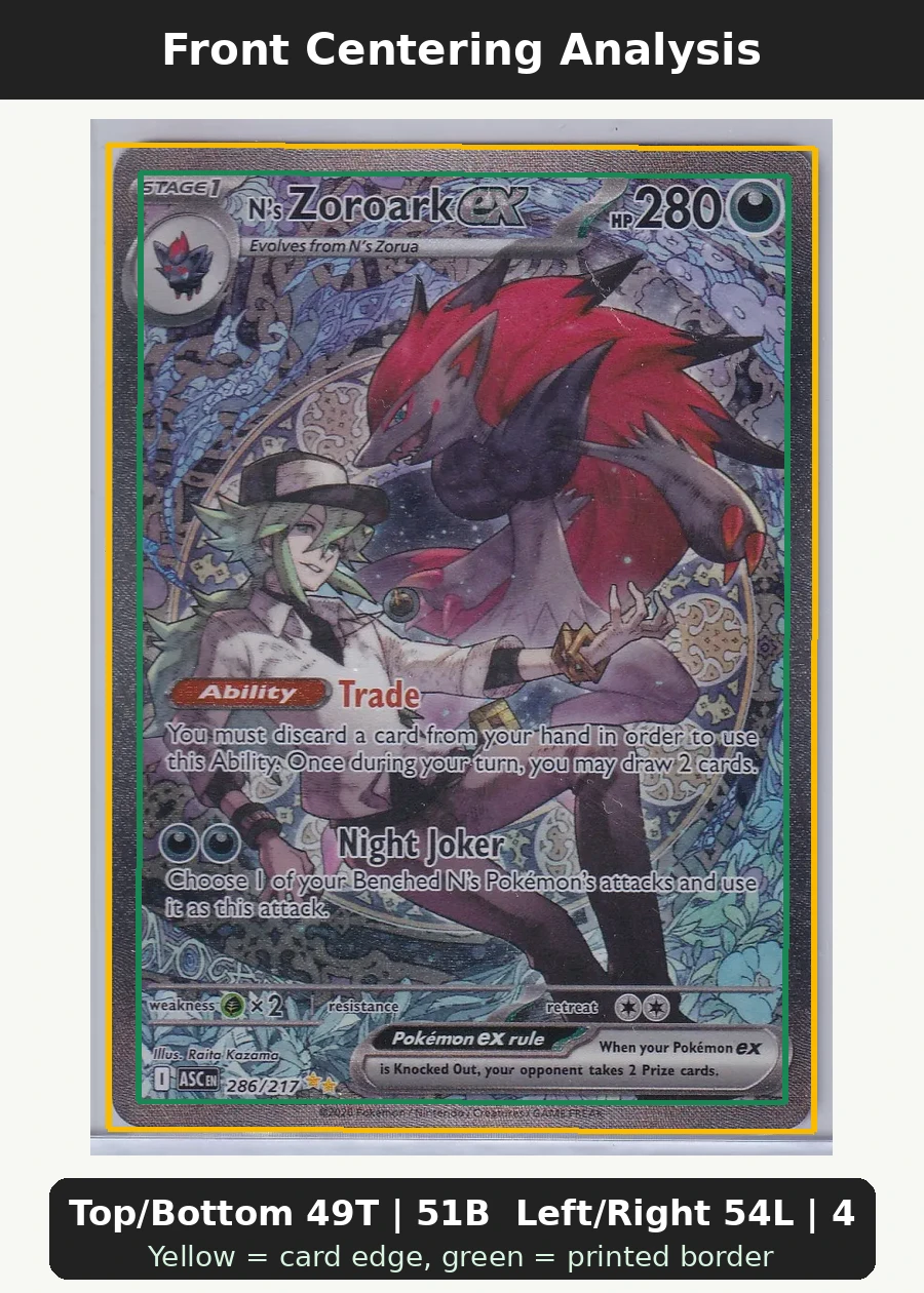 N's Zoroark ex 286/217 Ascended Heroes front centering analysis showing Top/Bottom 49T | 51B and Left/Right 54L | 46R.