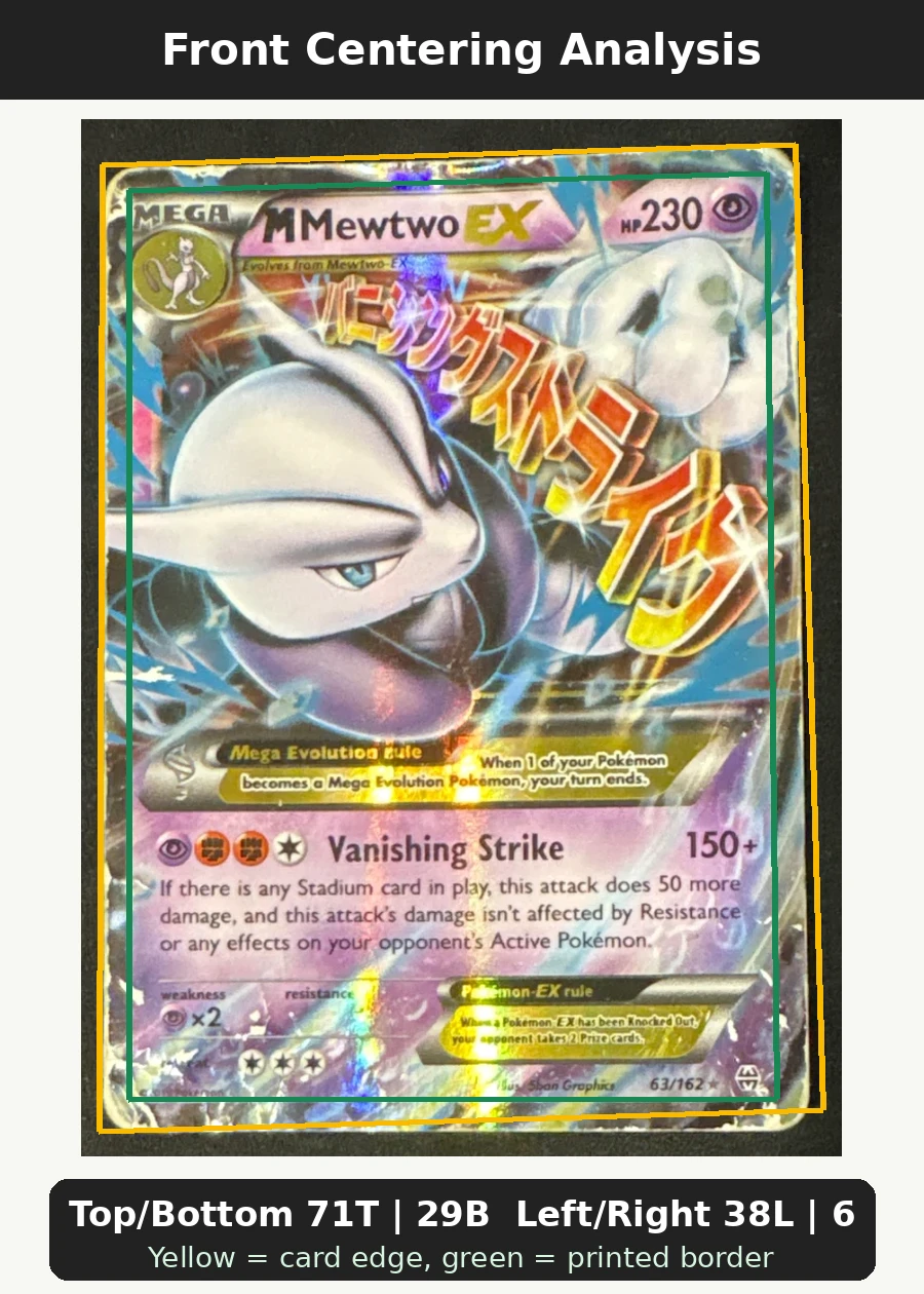 M Mewtwo EX 063/162 BREAKthrough front centering analysis showing Top/Bottom 71T | 29B and Left/Right 38L | 62R.