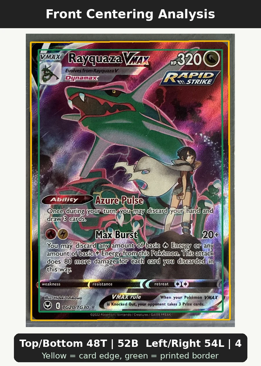 Rayquaza VMAX TG20/195 Silver Tempest front centering analysis showing Top/Bottom 48T | 52B and Left/Right 54L | 46R.