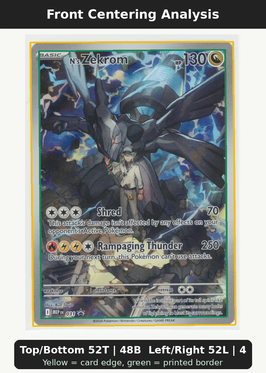 N's Zekrom 155/217 Ascended Heroes front centering analysis showing Top/Bottom 52T | 48B and Left/Right 52L | 48R.