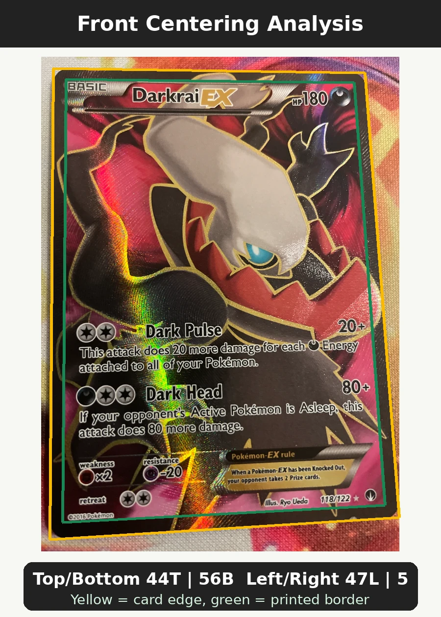 Darkrai EX 118/122 BREAKpoint front centering analysis showing Top/Bottom 44T | 56B and Left/Right 47L | 53R.