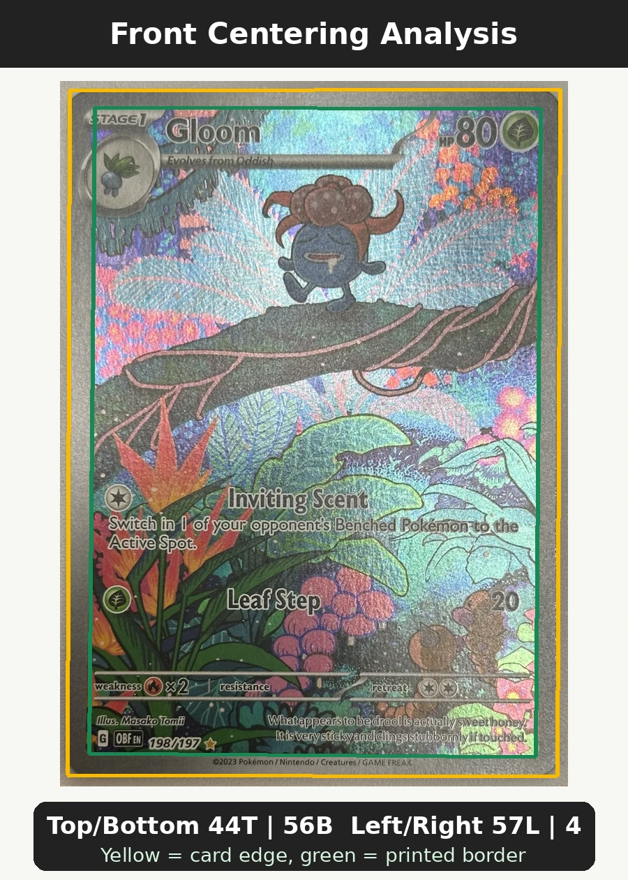 Gloom 198/197 Obsidian Flames front centering analysis showing Top/Bottom 44T | 56B and Left/Right 57L | 43R.