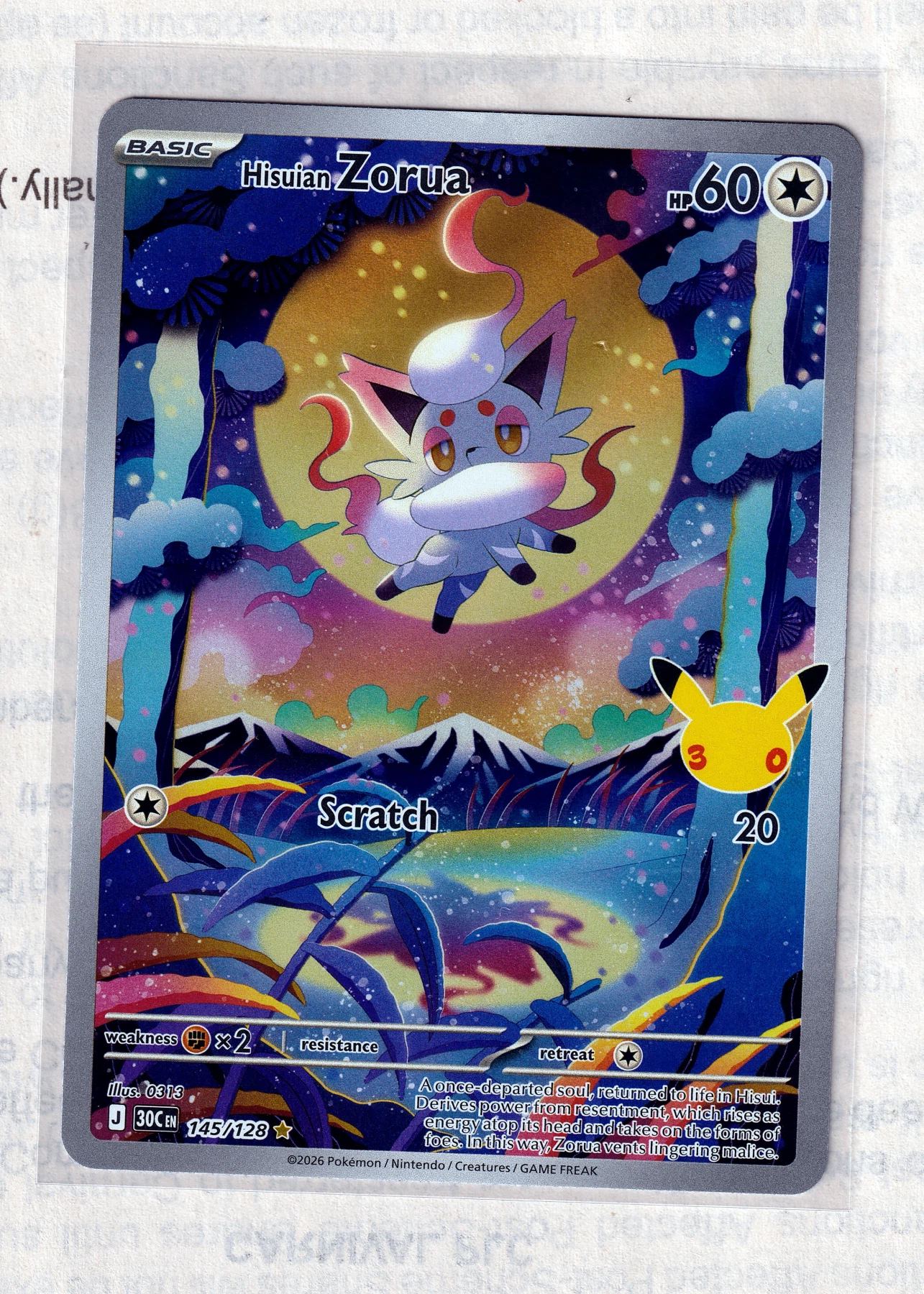 Hisuian Zorua 145/128 30th Celebration front card photo in PokeToGrade pregrading report