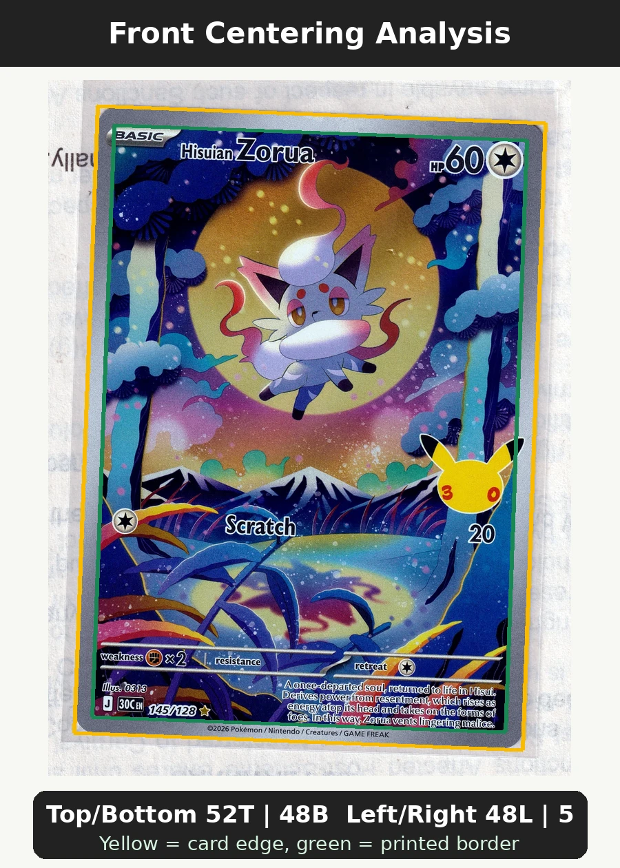 Hisuian Zorua 145/128 30th Celebration front centering analysis showing Top/Bottom 52T | 48B and Left/Right 48L | 52R.