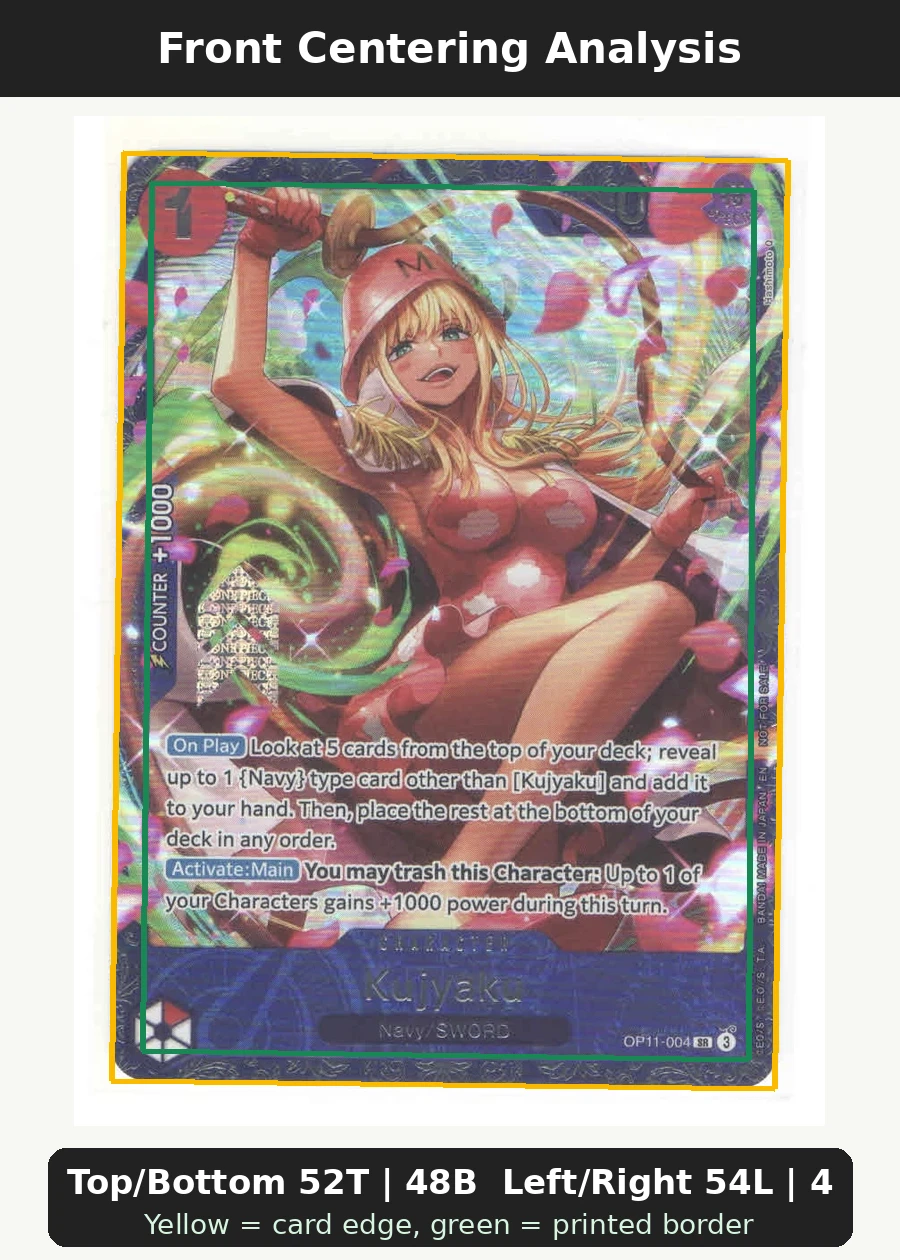Kujyaku OP11-004 One Piece Promotion Cards front centering analysis showing Top/Bottom 52T | 48B and Left/Right 54L | 46R.