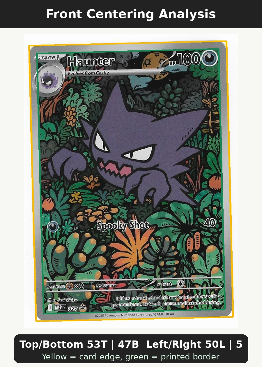 Haunter Mega Evolution front centering analysis showing Top/Bottom 53T | 47B and Left/Right 50L | 50R.
