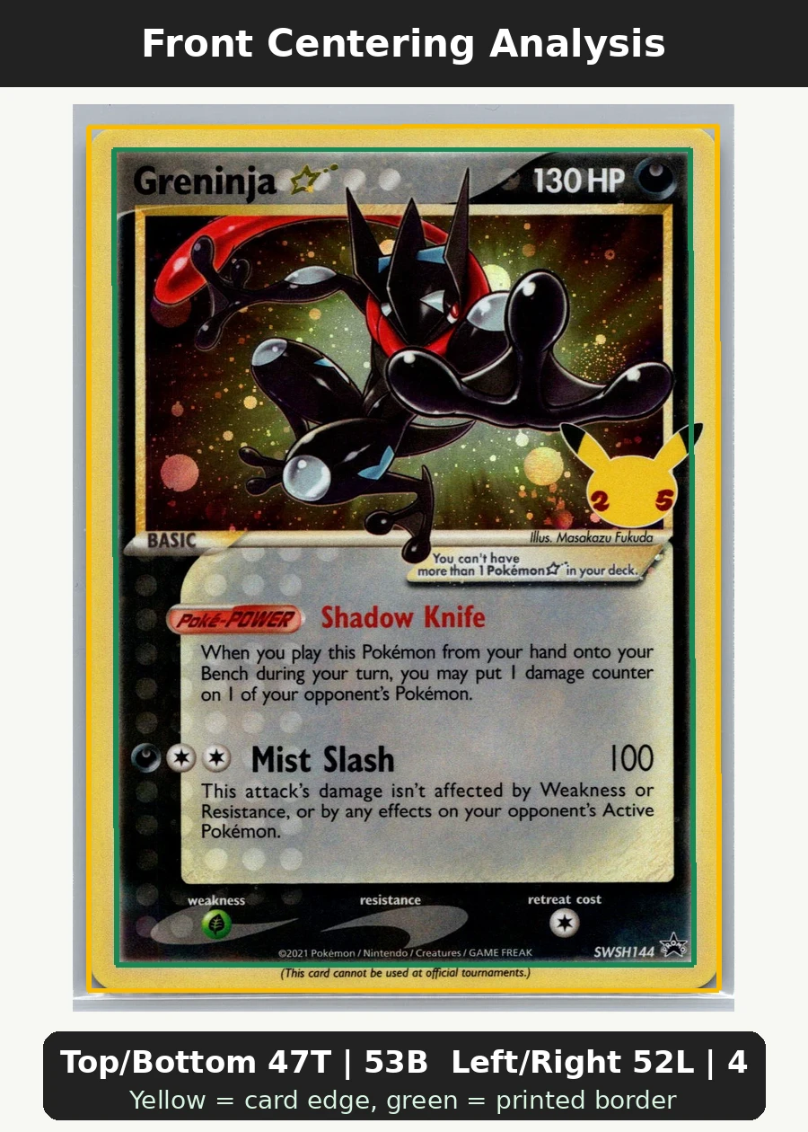 Greninja {star} SWSH144/307 SWSH Black Star Promos front centering analysis showing Top/Bottom 47T | 53B and Left/Right 52L | 48R.