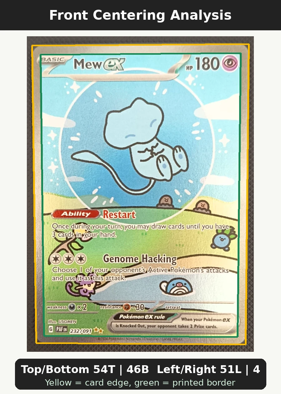 Mew ex 232/91 Paldean Fates front centering analysis showing Top/Bottom 54T | 46B and Left/Right 51L | 49R.