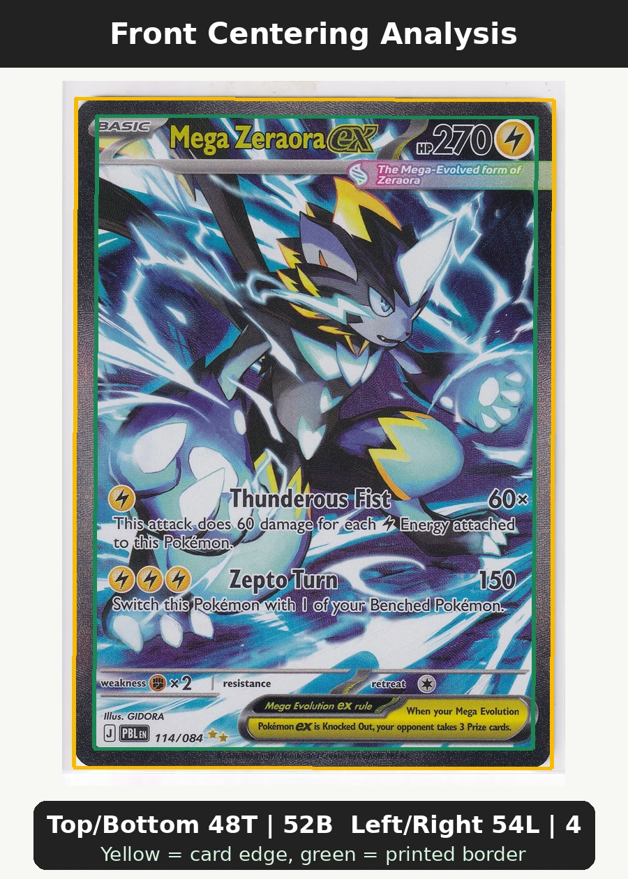 Mega Zeraora ex 114/84 Pitch Black front centering analysis showing Top/Bottom 48T | 52B and Left/Right 54L | 46R.
