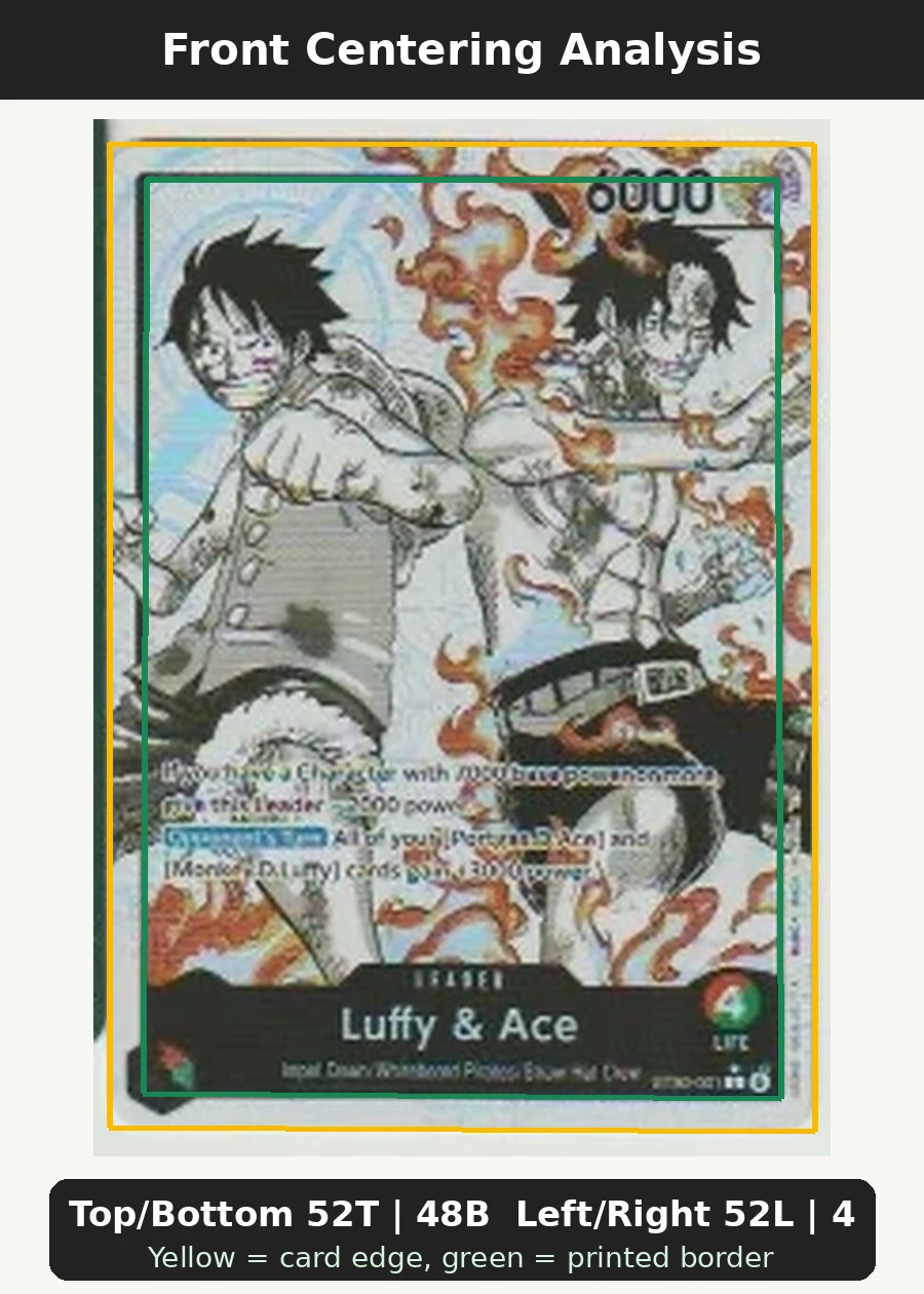 Luffy & Ace ST30-001 Starter Deck EX: Luffy & Ace front centering analysis showing Top/Bottom 52T | 48B and Left/Right 52L | 48R.