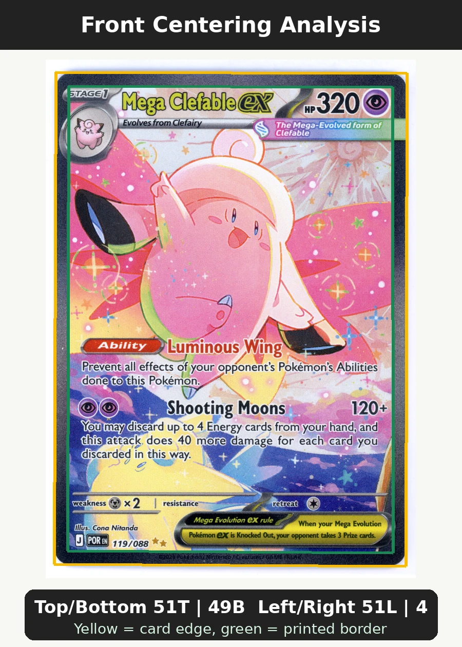 Mega Clefable ex 119/88 Perfect Order front centering analysis showing Top/Bottom 51T | 49B and Left/Right 51L | 49R.