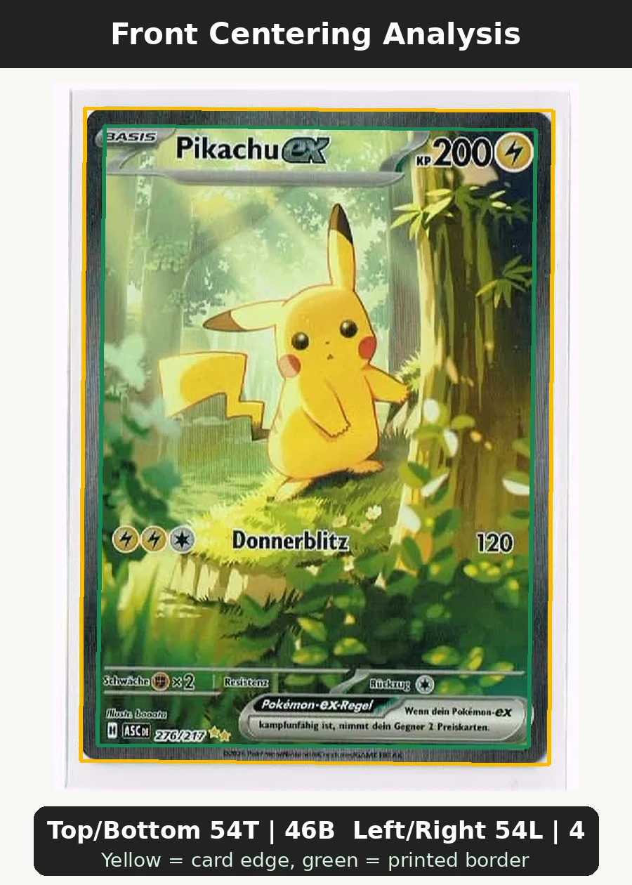 Pikachu ex 276/217 Ascended Heroes front centering analysis showing Top/Bottom 54T | 46B and Left/Right 54L | 46R.