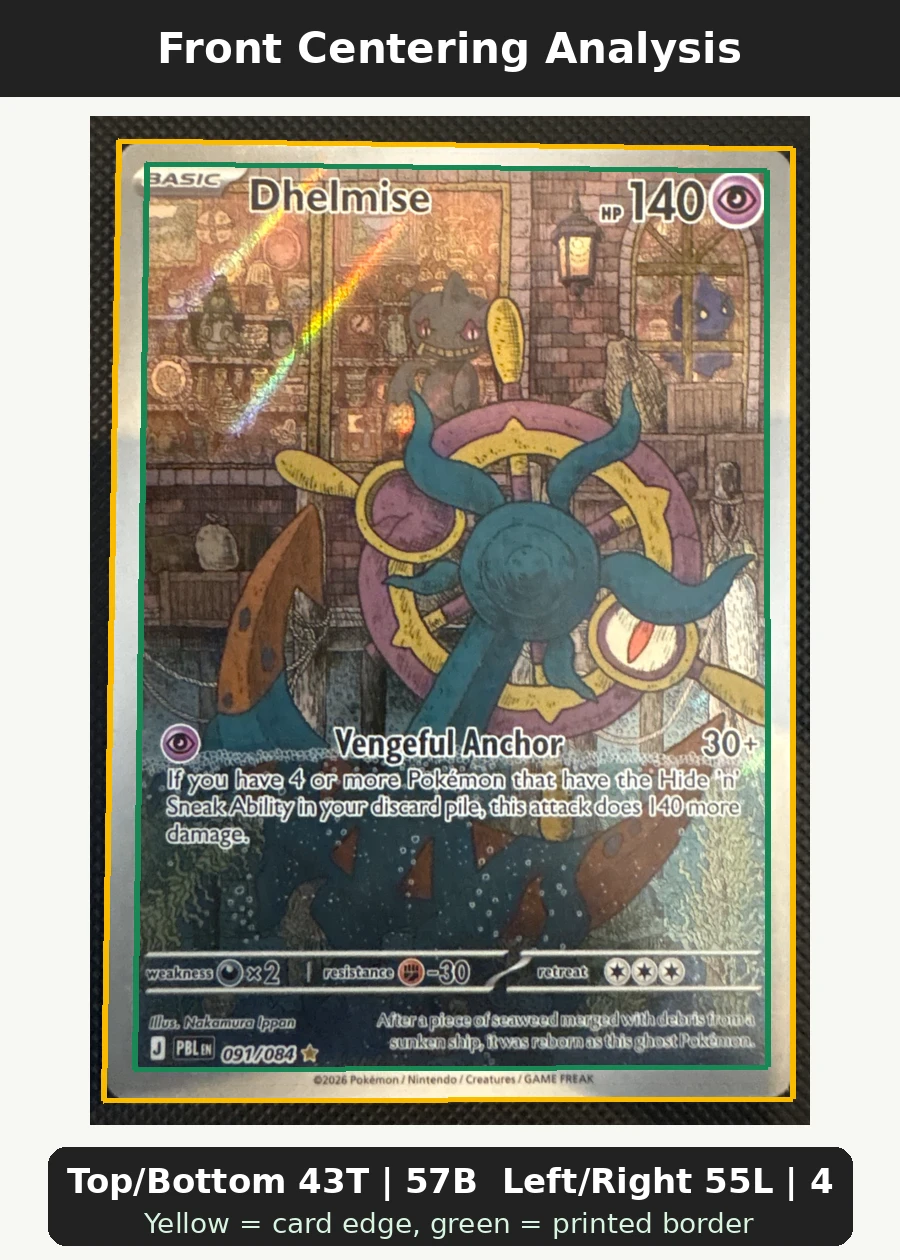 Dhelmise 091/84 Pitch Black front centering analysis showing Top/Bottom 43T | 57B and Left/Right 55L | 45R.