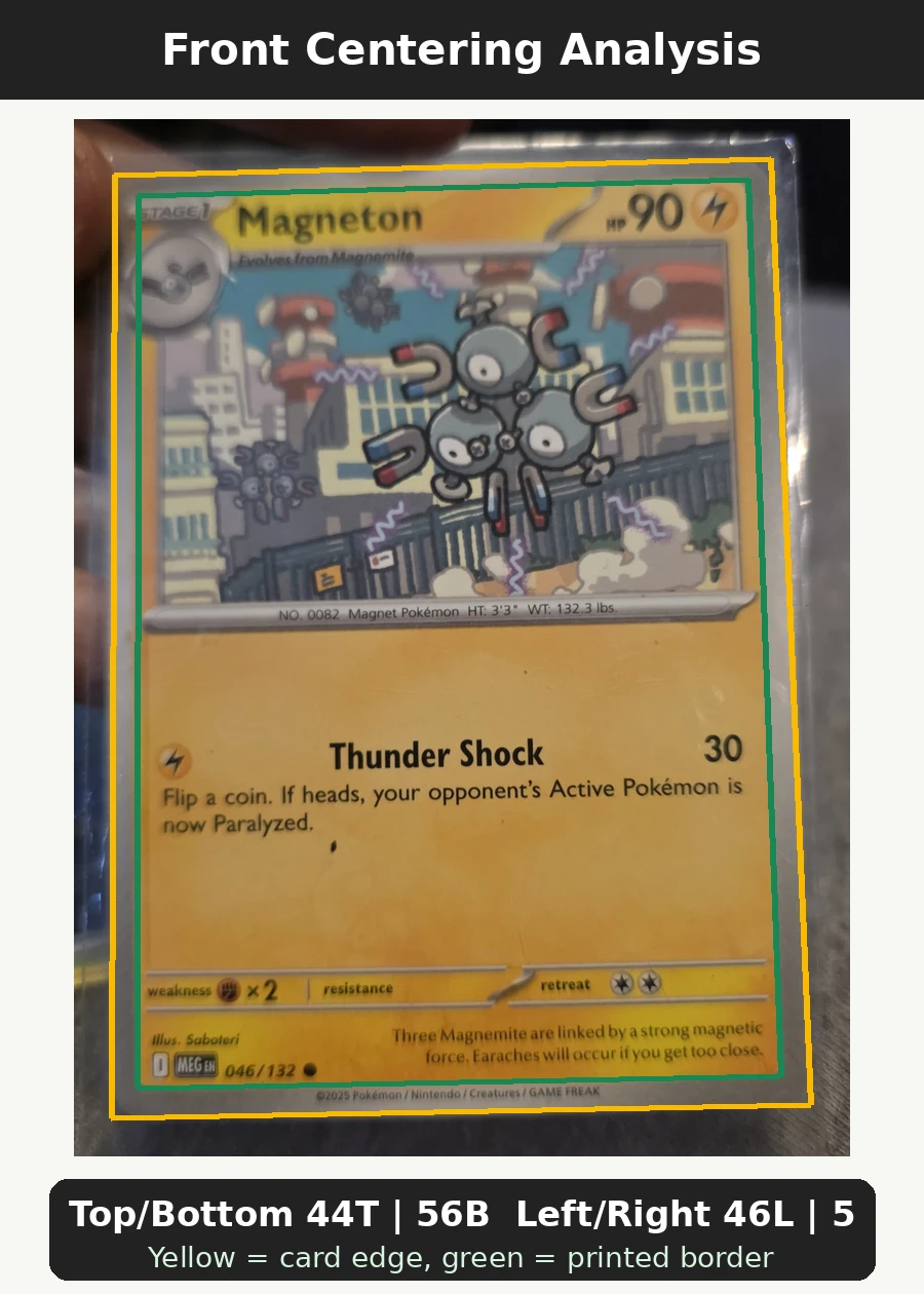 Magneton 046/132 Mega Evolution front centering analysis showing Top/Bottom 44T | 56B and Left/Right 46L | 54R.
