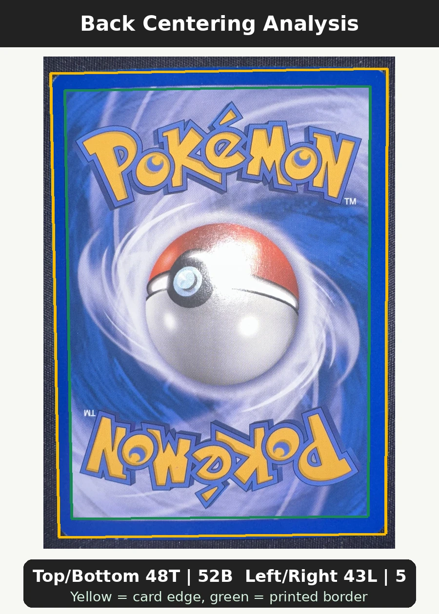 Charizard G DP45/56 DP Black Star Promos back centering analysis showing Top/Bottom 48T | 52B and Left/Right 43L | 57R.