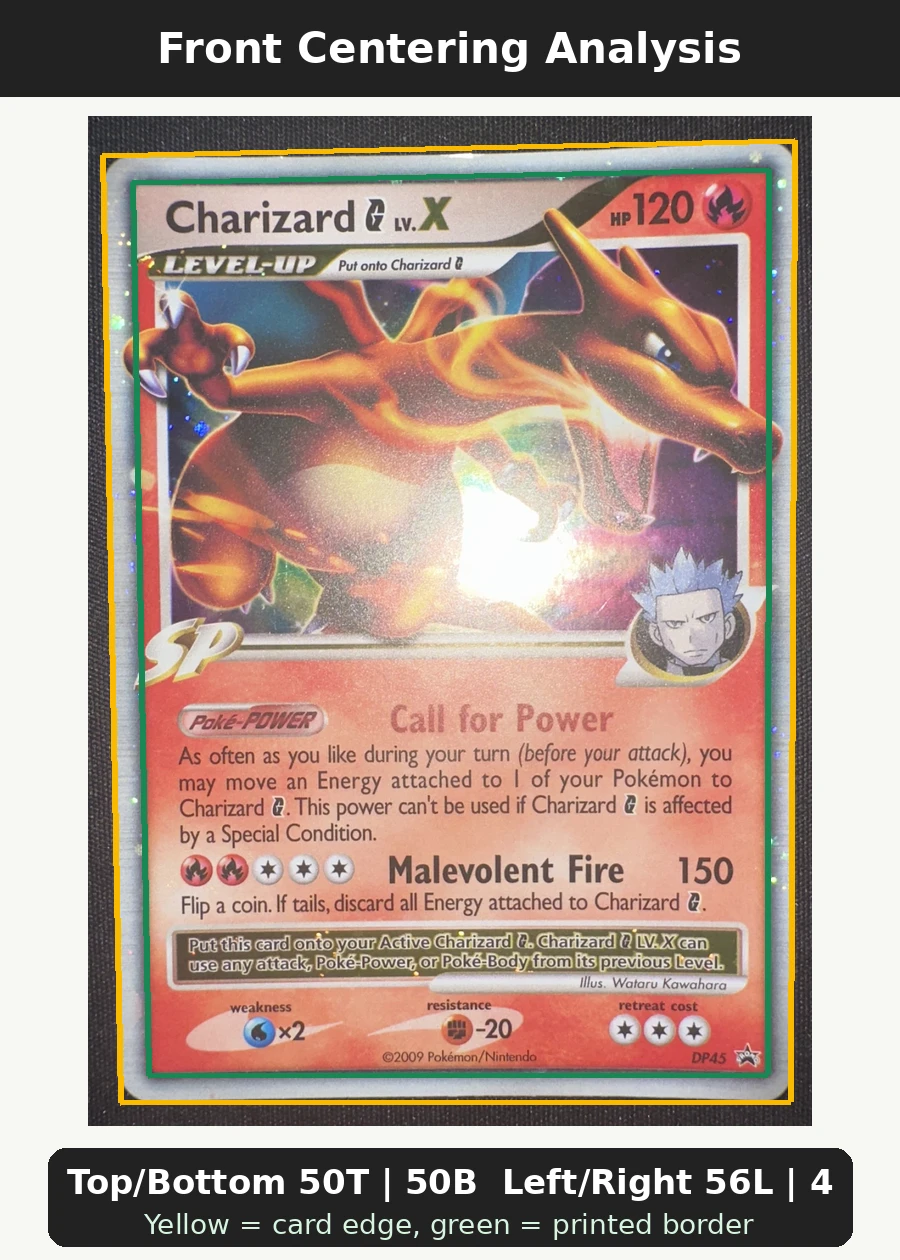 Charizard G DP45/56 DP Black Star Promos front centering analysis showing Top/Bottom 50T | 50B and Left/Right 56L | 44R.