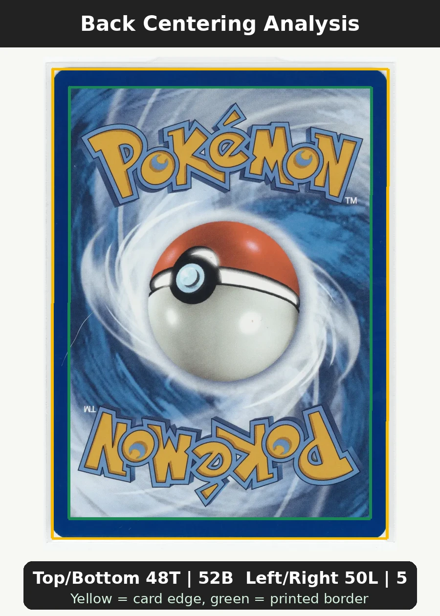 Misty's Psyduck 193/182 Destined Rivals back centering analysis showing Top/Bottom 48T | 52B and Left/Right 50L | 50R.