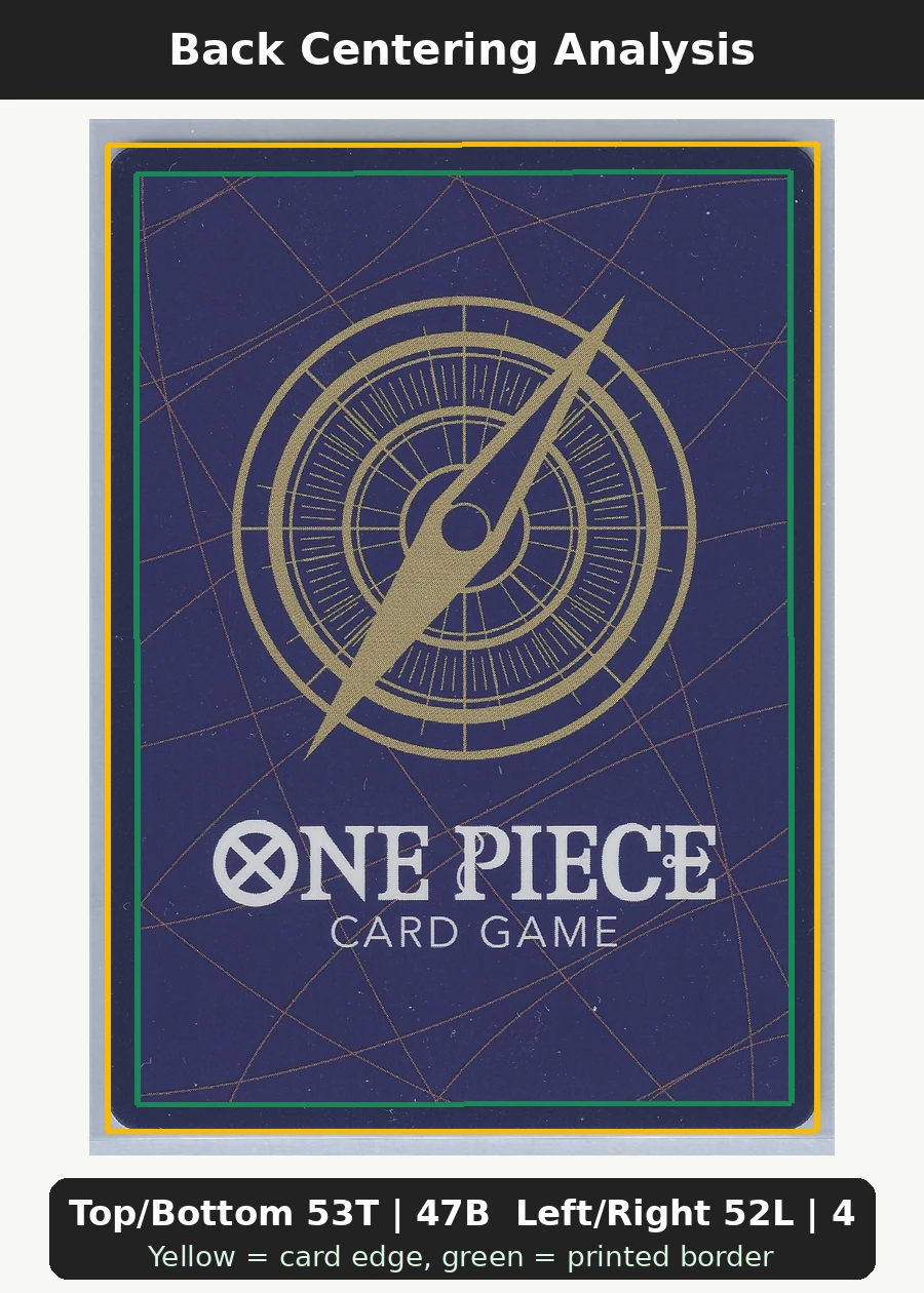 Kid & Killer (EB01-003) EB01-003 One Piece Promotion Cards back centering analysis showing Top/Bottom 53T | 47B and Left/Right 52L | 48R.