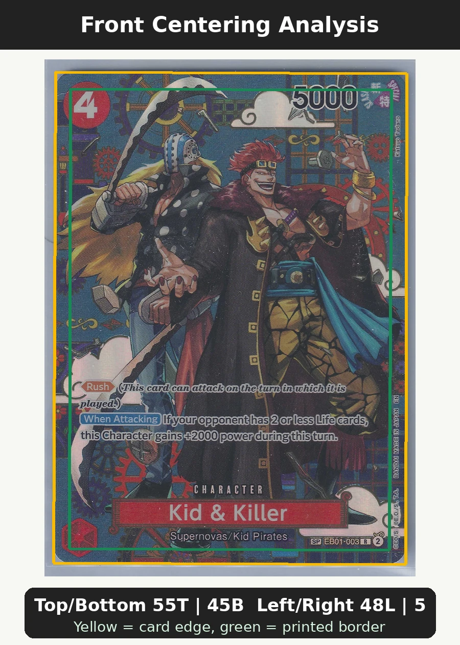 Kid & Killer (EB01-003) EB01-003 One Piece Promotion Cards front centering analysis showing Top/Bottom 55T | 45B and Left/Right 48L | 52R.