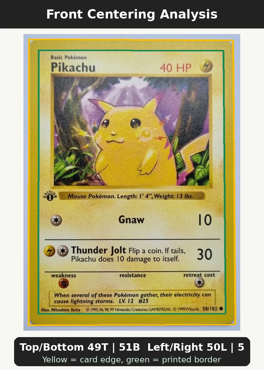 Pikachu 058/102 Base Set front centering analysis showing Top/Bottom 49T | 51B and Left/Right 50L | 50R.