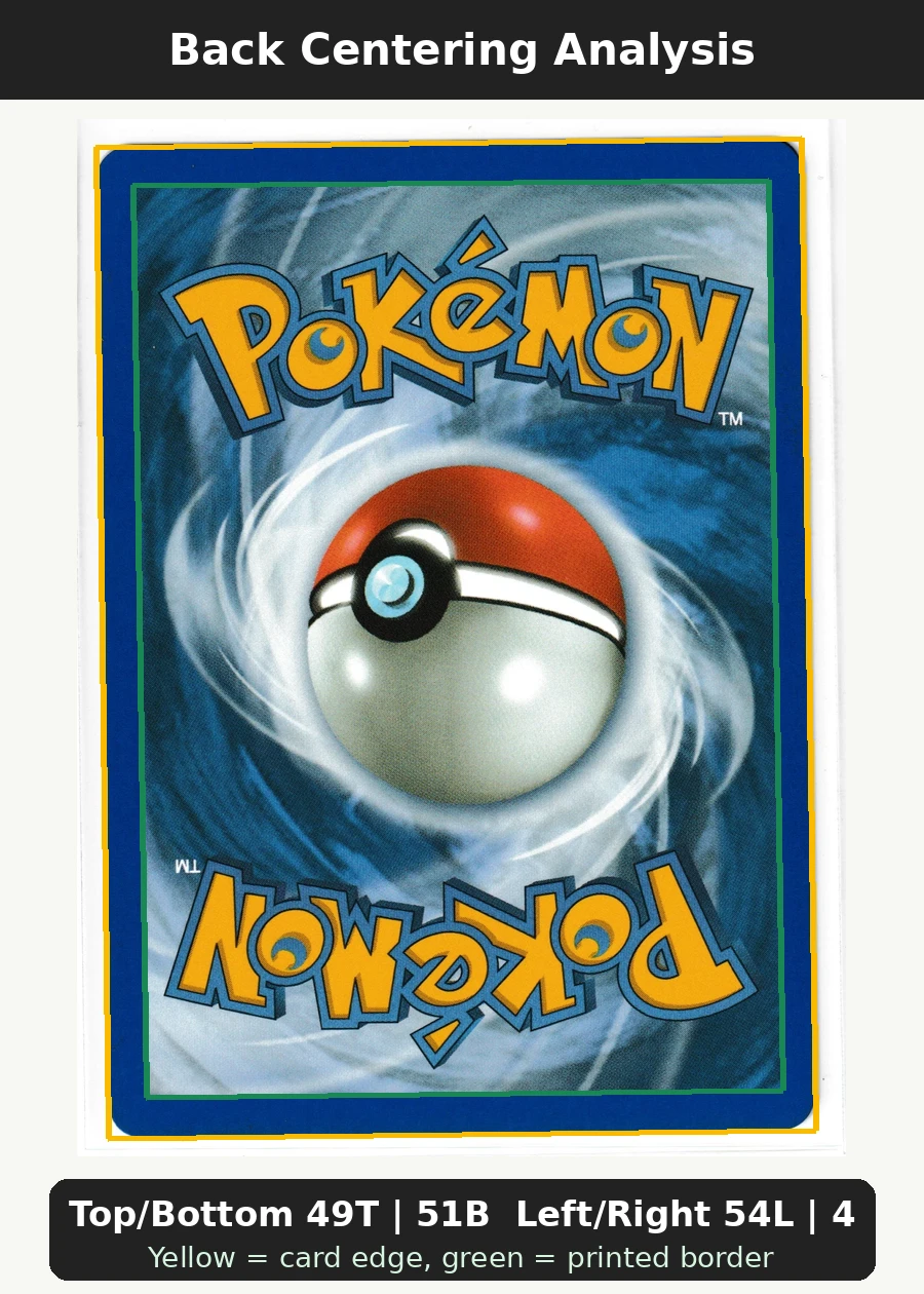 Pikachu & Zekrom GX 033 30th Classic Collection back centering analysis showing Top/Bottom 49T | 51B and Left/Right 54L | 46R.