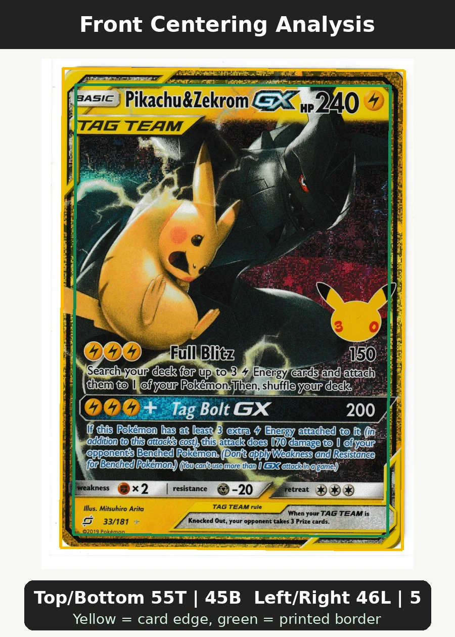 Pikachu & Zekrom GX 033 30th Classic Collection front centering analysis showing Top/Bottom 55T | 45B and Left/Right 46L | 54R.