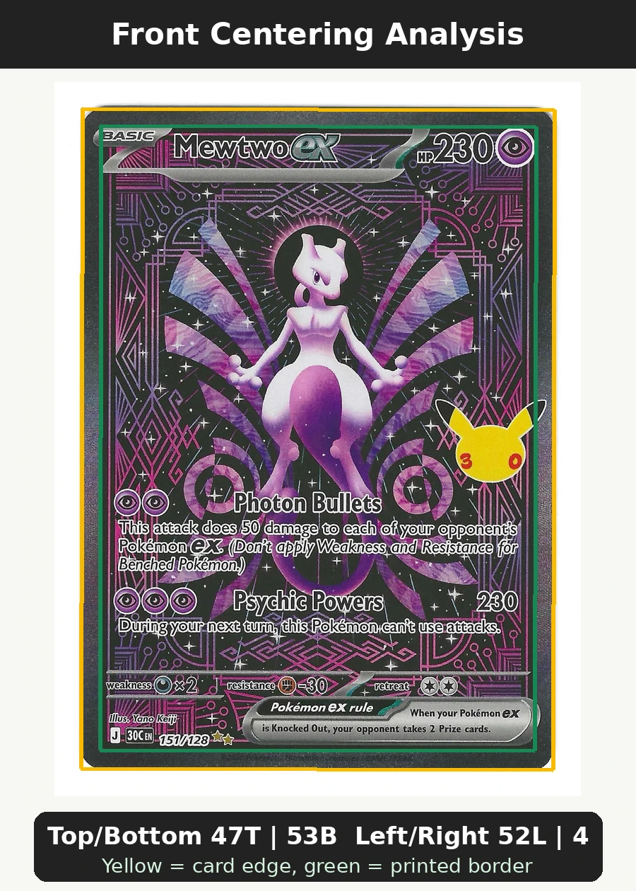 Mewtwo ex 151/128 30th Celebration front centering analysis showing Top/Bottom 47T | 53B and Left/Right 52L | 48R.