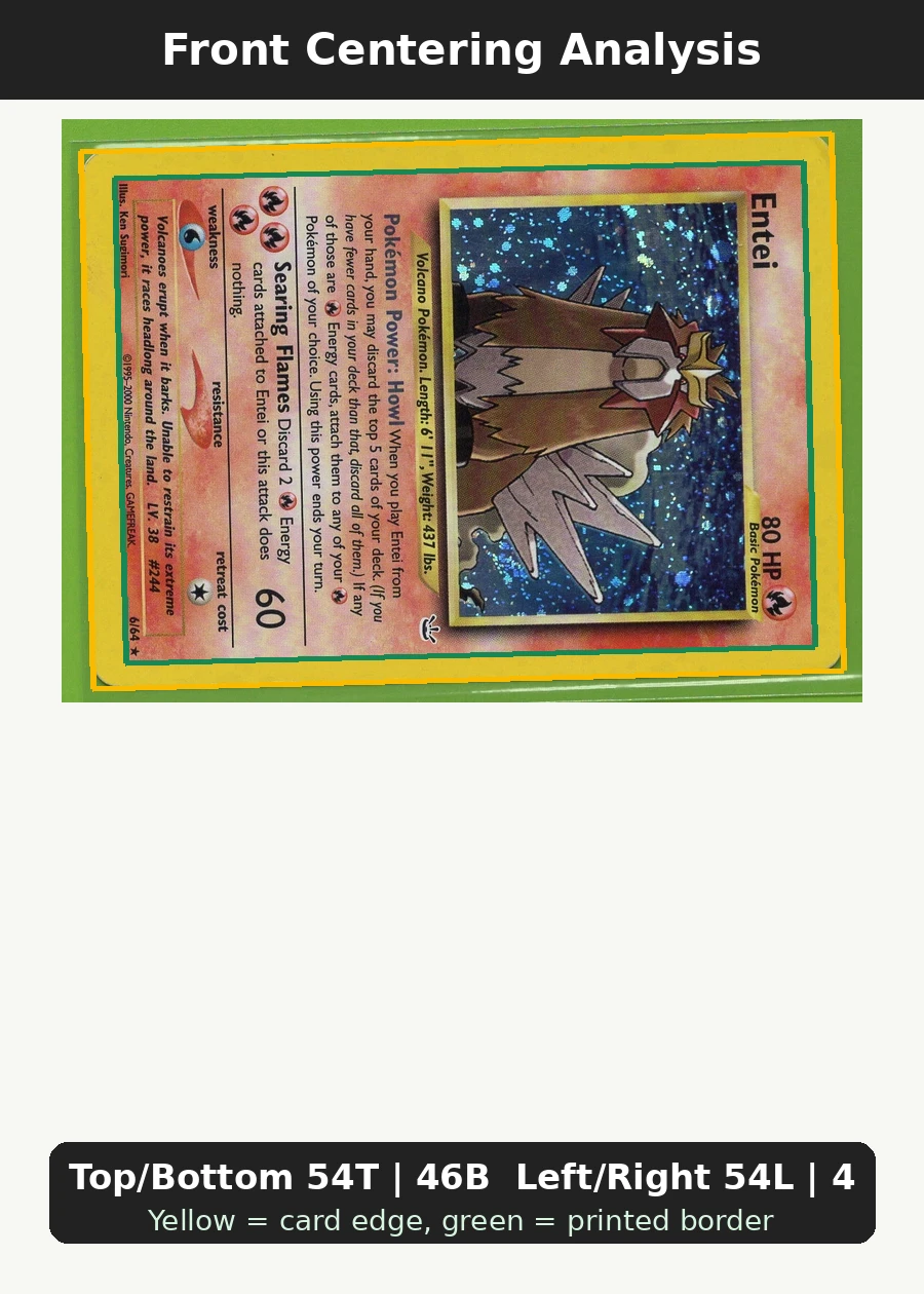 Entei 006/64 Neo Revelation front centering analysis showing Top/Bottom 54T | 46B and Left/Right 54L | 46R.