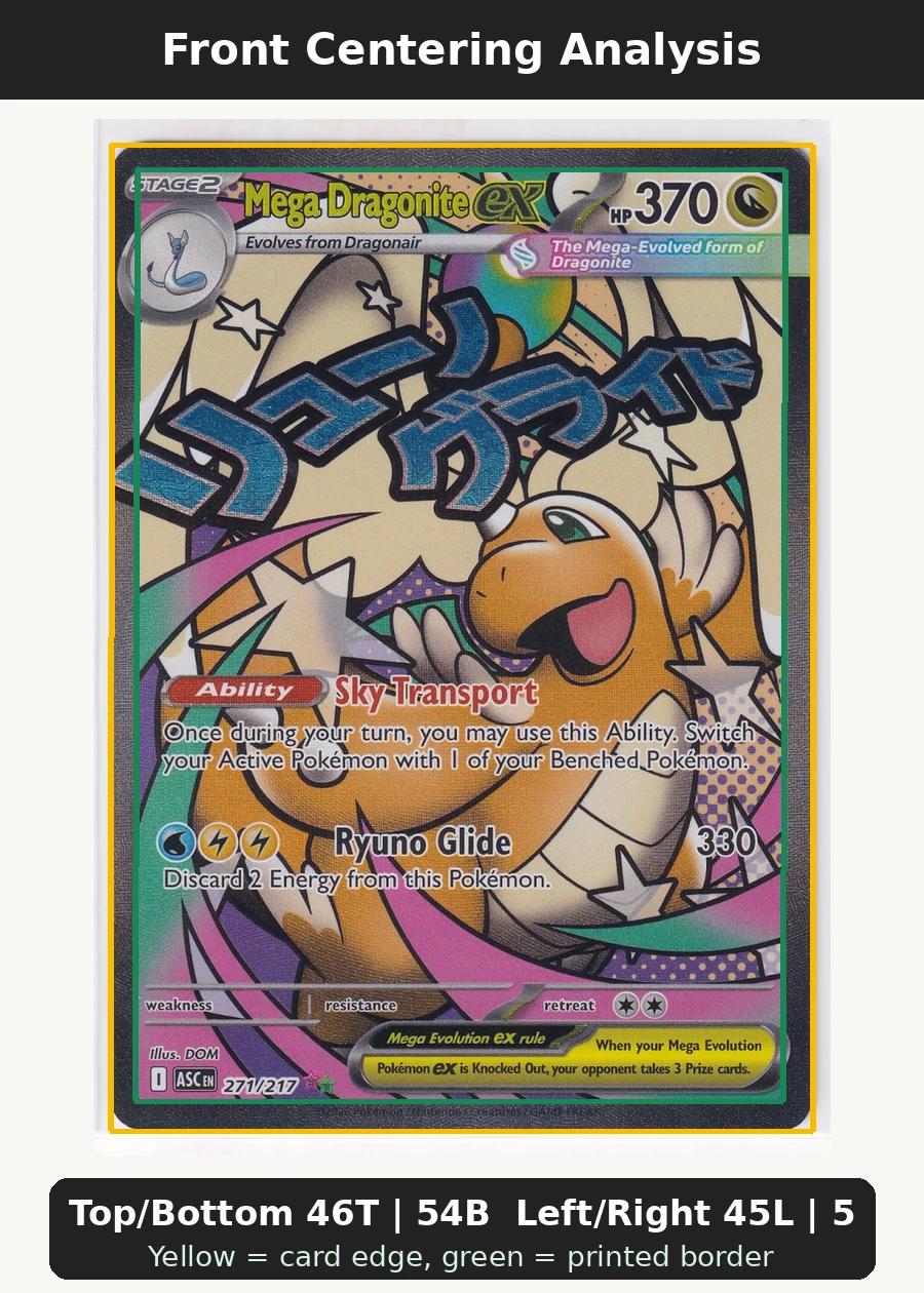 Mega Dragonite ex 271/217 Ascended Heroes front centering analysis showing Top/Bottom 46T | 54B and Left/Right 45L | 55R.