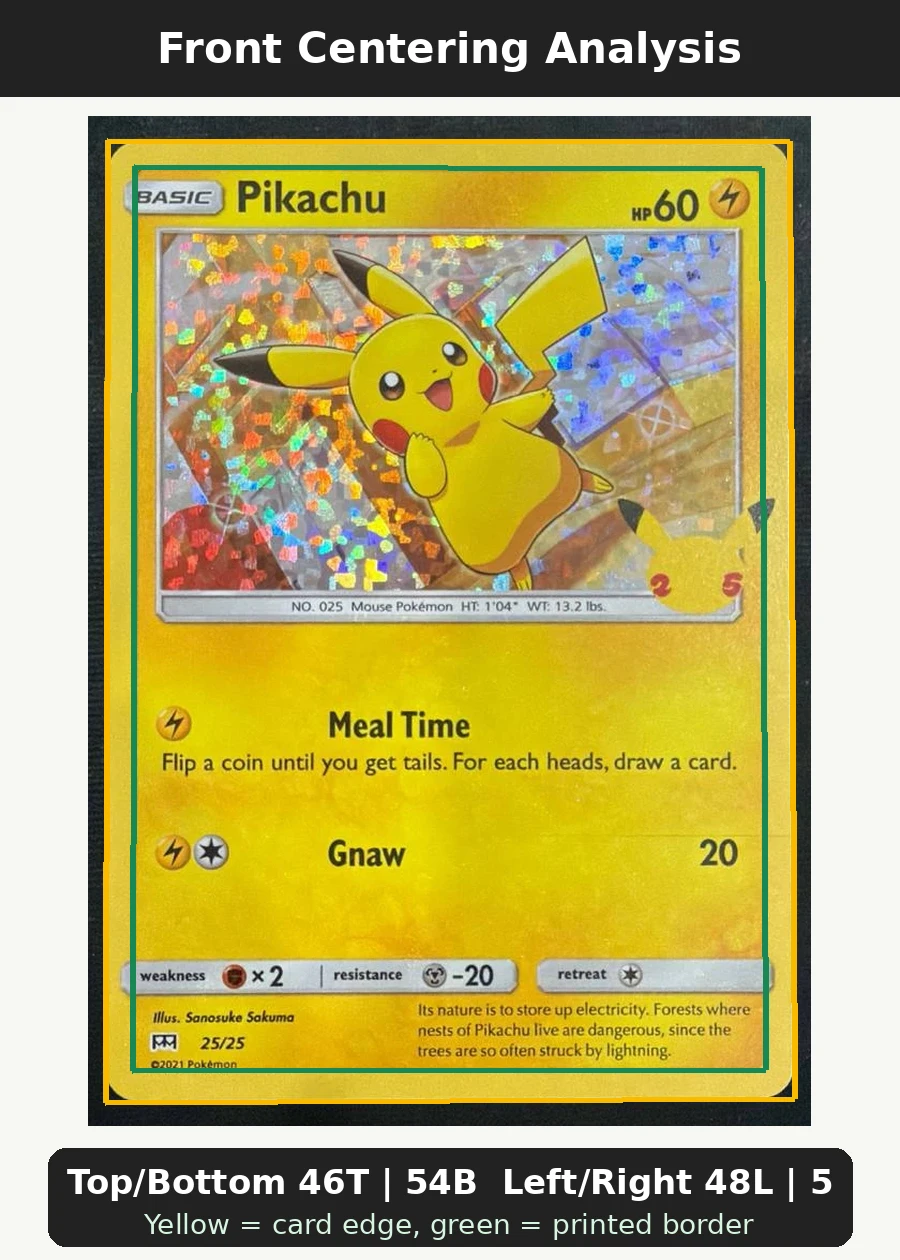 Pikachu 025/25 McDonald's Collection 2021 front centering analysis showing Top/Bottom 46T | 54B and Left/Right 48L | 52R.