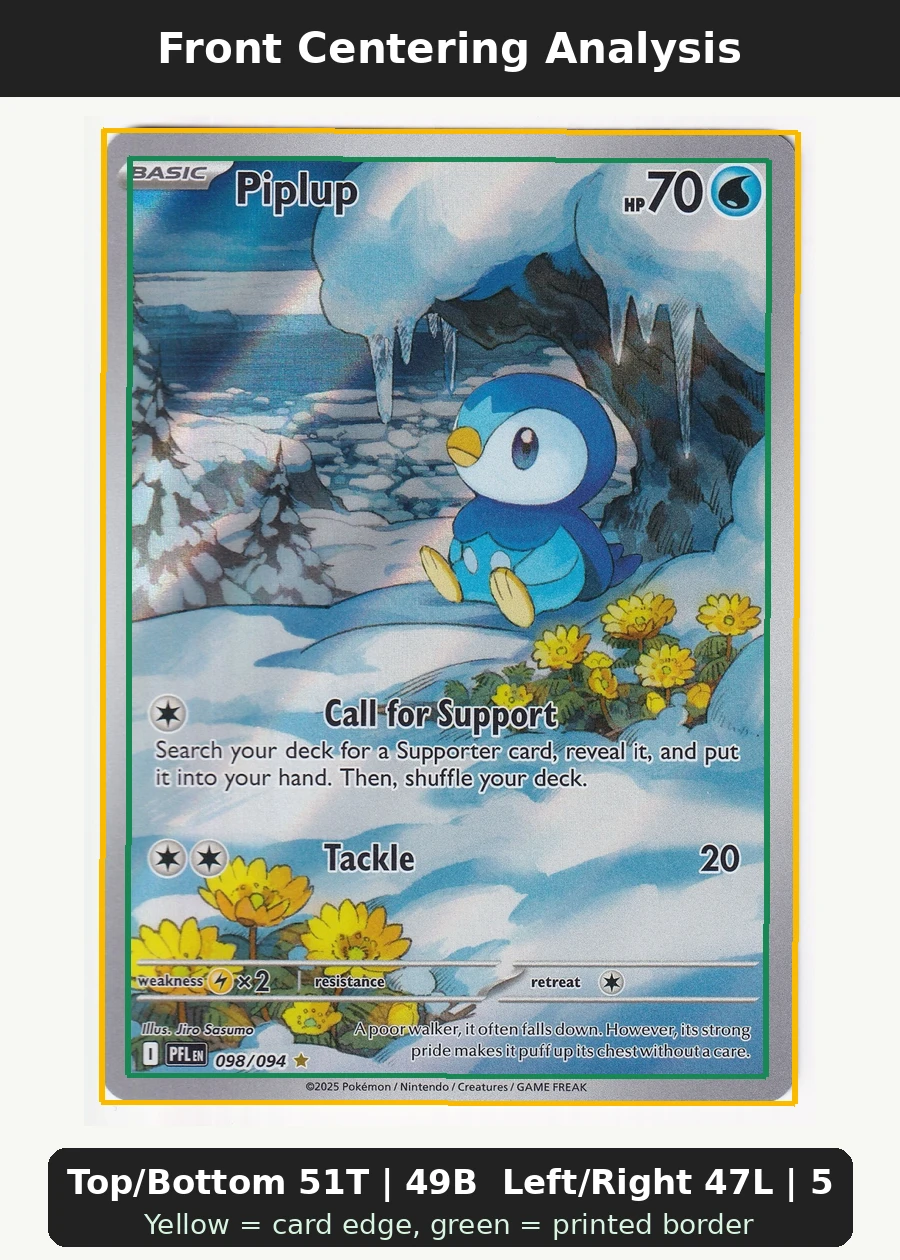 Piplup 098/94 Phantasmal Flames front centering analysis showing Top/Bottom 51T | 49B and Left/Right 47L | 53R.