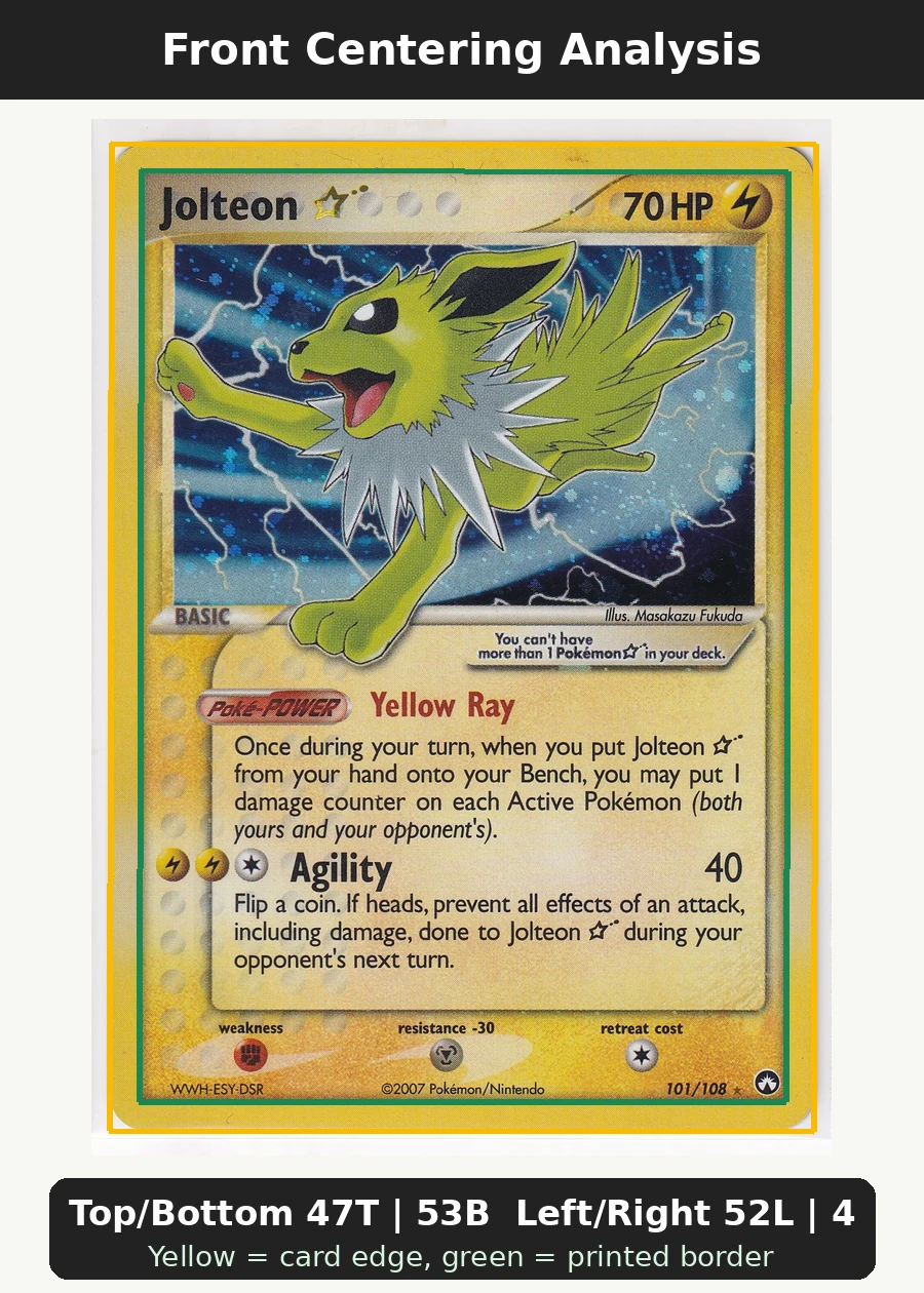 Jolteon Star 101/108 Power Keepers front centering analysis showing Top/Bottom 47T | 53B and Left/Right 52L | 48R.
