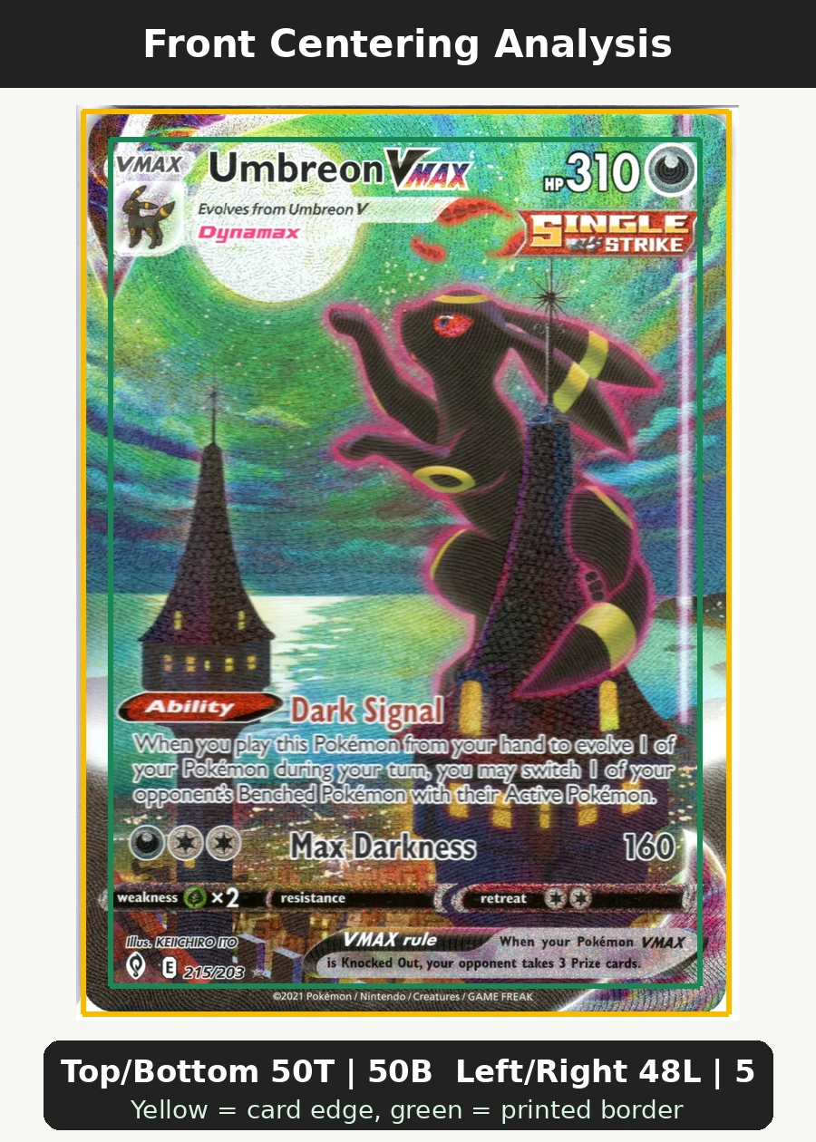 Umbreon VMAX 215/203 Evolving Skies front centering analysis showing Top/Bottom 50T | 50B and Left/Right 48L | 52R.